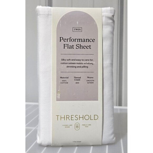 Threshold Twin Size Smooth Cotton Sateen Solid White Flat Sheet 68" x 101" - Picture 1 of 6
